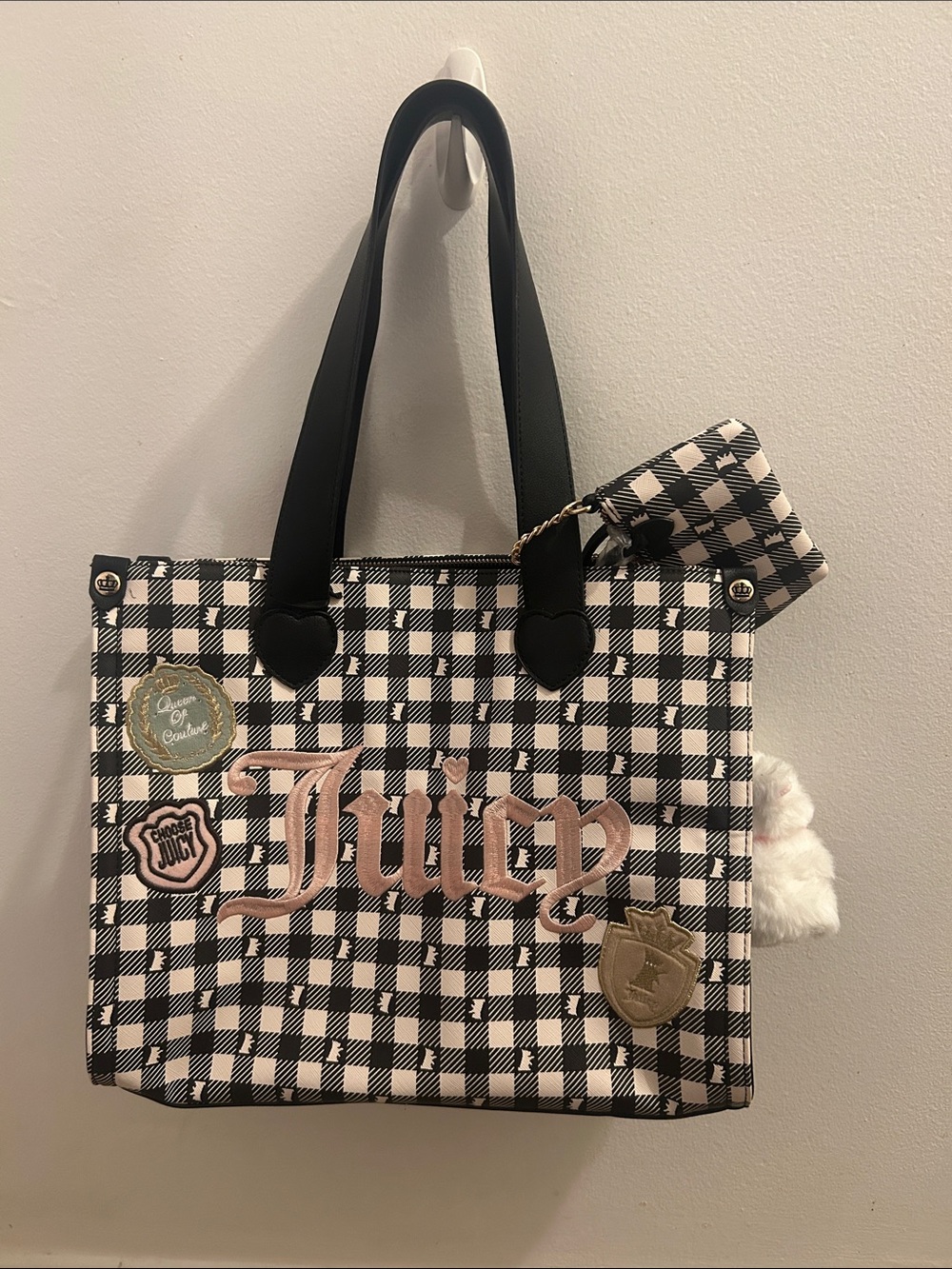 Juicy Couture Black & White Gingham Tote with Pink Logo Patch